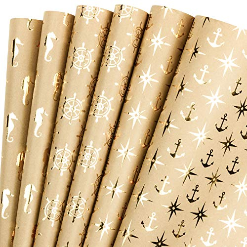 RUSPEPA Einwickeln Von Papierblättern Kraftpapier - Ocean Theme Anker Ruder Design Goldfolie - 44,5 X 76 cm Jedes Blatt, Insgesamt 6 Blätter, Verpackt In 1 Rolle