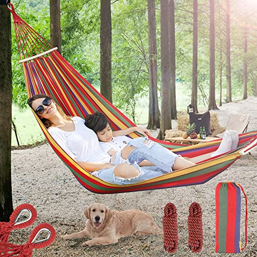 Vivibel Hängematte Outdoor Baumwolle, Outdoor Tragbar Hammock mit Anti-Roll-Schwebebalke, Stoffdimension 260 x 150cm, Belastbarkeit bis 200kg | 2 x Nylon-Schlingen Inbegriffen