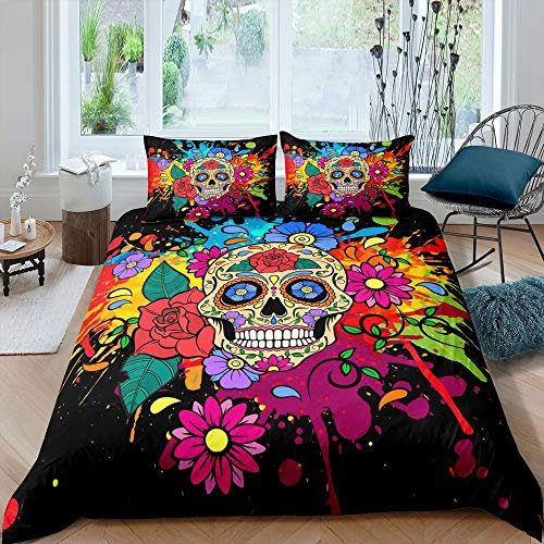 Gothic Watercolor Tie Dye Comforter Cover Kid Colorful Sugar Skull Bedding Set Rose Flower Duvet Cover For Child Youth Girly Decorations 3 Pcs With 2 Pillow Cases Soft Comfortable Double Size