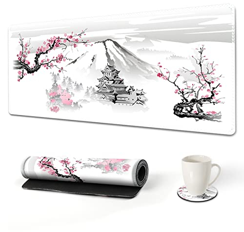 Erweitertes Gaming-Mauspad mit Kirschblüten, japanisches XXL ArtSo großes Tastatur-Matte, langes Mauspad, Schreibtischdekoration, Schreibunterlage, Sakura-Halterung, Fuji-Tintenmalerei