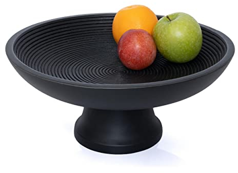 Folkulture Fruit Bowl or Fruit Basket for Table Décor, Decorative Bowl or Wooden Fruit Bowl for Groceries, 30cm Black Fruit Bowls for Kitchen, Mango Wood (Black Ribbed)