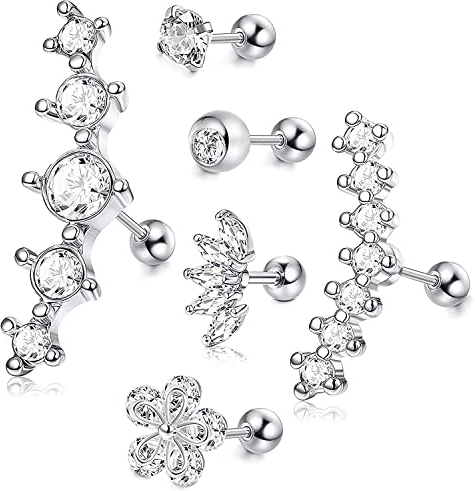 Morfetto 6 Stück Helix Piercing Ohrring Edelstahl Silber Knorpel Ohrstecker Ohrringe für Frauen Tragus Helix Blume Ohrringe Conch Flat Back Body Piercing Schmuck 16G
