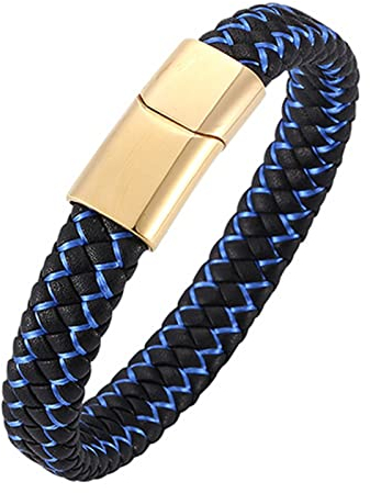 Skcess Männer Schmuck Gold，Geflochtenes Lederarmband Im Einfachen Stil Mit Magnetischer Schnalle Rostfreier Stahl Armband Herren 18.5cm