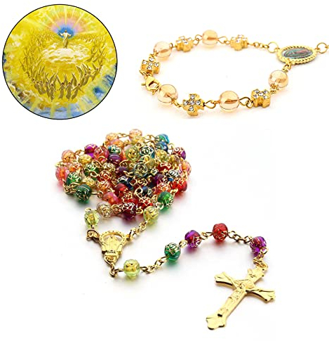 Floatdream Rosenkranz Halskette Armband Set, Rosenkranz Kette Kruzifix, Kreuz Christian Armband, Schön und Zart, für Geburtstagsgeschenk, Anzieh, Taufe, Party (Gold)