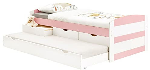 IDIMEX Bett mit Stauraum Jessy aus massiver Kiefer weiß/rosa, schönes Jugendbett mit 3 Schubladen, praktisches Funktionsbett mit Auszugbett, gemütliches Bett in 90 x 190 cm