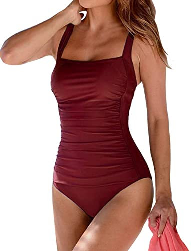 Muwodkdn Maillot de Bain Femme 1 Pièce Monokini Vintage Push-Up, Contrôle du Ventre, Bretelles Réglables, Style Sexy et Élégant pour Plage et Natation Rouge Vine L