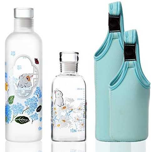 TDN Bouteille d'eau en verre borosilicate, 500ml+300ml, Réutilisable, Bouteille d'eau étanche avec couvercle sans BPA, Compatible Lave-Vaisselle, Pour gym, Bureau, Boissons chaudes et froides (Lapins)