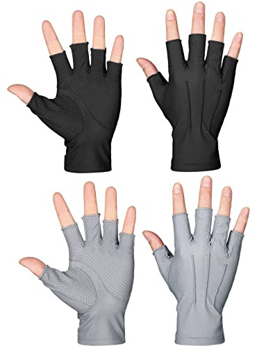 Cindeer 2 Pairs Summer Fingerless Gloves UV Sun Protection Driving Nonslip Touchscreen Half Finger Hiking Gloves for Men(Gray, Black)