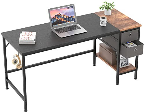 HOMIDEC Computer Desk with drawer, Office Work Desk for student and worker, Writing Desk Laptop Table, Modern Style Desks with Headphone Hook, Black and Vintage, 140cm