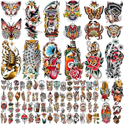 Yazhiji 77 Blatt Wasserdichtes Fake Tattoo für Männer oder Frauen 17 Blatt Größere Halbarm Eule Pfingstrose Schlange Temporäre Tattoos für Jungen oder Mädchen Und 60 Blatt Blumen Tattoo Aufkleber