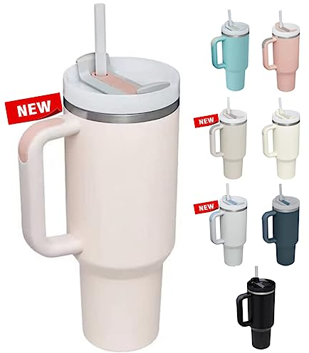 STEEL SIPPER 40oz Stainless Steel Vacuum Insulated Tumbler with Straw and Lid & Handle, Travel Coffee Mugs Cups for Hot Drinks with Handle and Straw Insulated Water Bottle Iced Coffee Cup(Rose Quartz)