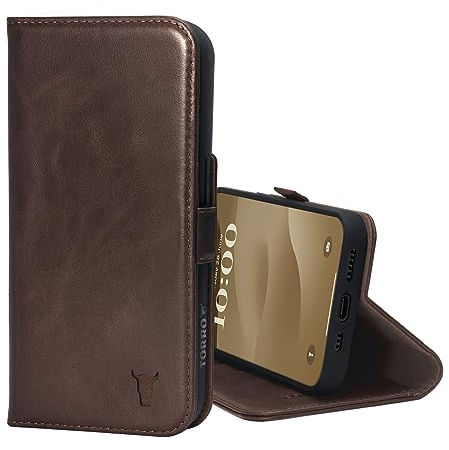TORRO Leather Case Compatible with iPhone 15 – Premium Leather Wallet Case with Kickstand and Card Slots - Dark Brown