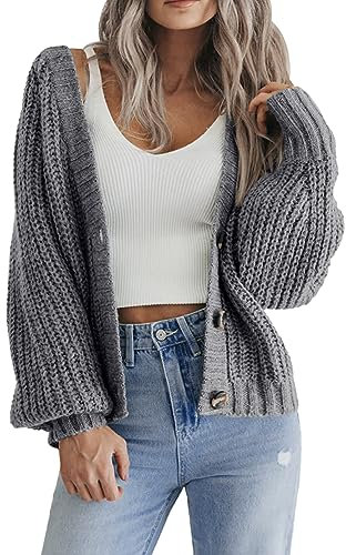 Hotouch Strickjacke Damen Grobstrick V-Ausschnitt Knopfleiste Cardigan Langarm Gestrickte Jacke Weich Dunkelgrau Outerwear XXL