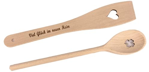 Balna Einzug Geschenk Einzugsgeschenk Haus Wohnung - Kleeblatt Kochlöffel Holz Herz Pfannenwender mit Gravur: Viel Glück im neuen Heim