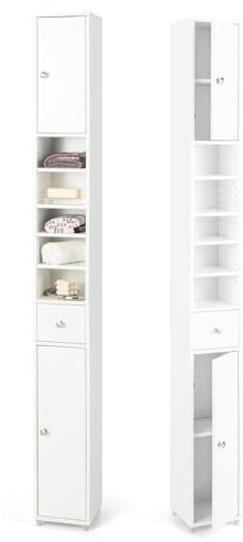 GIANTEX Meuble de Salle de Bain Haute, Colonne de Rangement avec 2 Placards, 2 Portes, 1 Tiroir, 5 Étagères Réglables, Armoire de Salle de Bain pour Toilette, Salon, Bureau, 20x20x180 cm(Blanc)