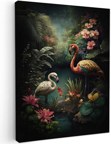 MuchoWow© Leinwand Bilder 60x80 cm Wanddeko Wohnzimmer Aesthetic Room Decor Deko Zimmer Wandbilder Modern Fotogeschenke Flamingo - Blumen - Dschungel - Vögel - Natur