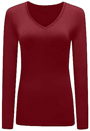 Womans T Shirt New Ladies Tops Long Sleeve V Neck Basic Casual Tshirts UK Plus Size 8-26 Wine