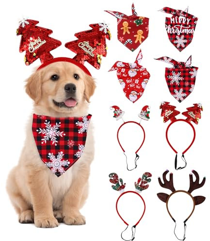 4pcs hundehalstuch Weihnachten und 4pcs haarreif Weihnachten, weihnachtskostüm Katze Hunde, weihnachtshaarreifen Hunde Katze, Geschenke für Hunde, Weihnachten Haustier Halstuch für Hunde und Katze
