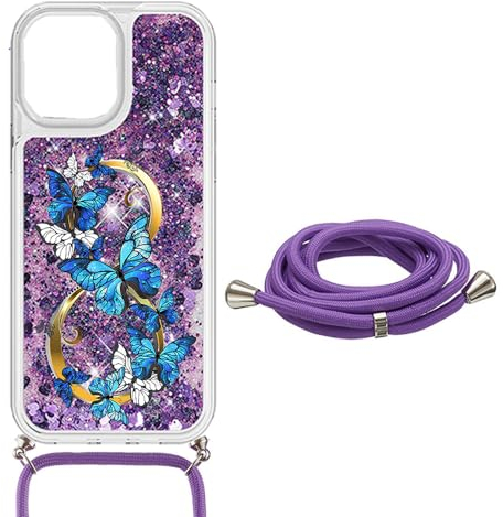SEHEYA Handykette Hülle für Samsung Galaxy A70 Flüssigkeit Glitzer Handyhülle zum umhängen Transparent Silikon Schutzhülle mit Band Kordel Case Mädchen, Lila Schmetterlinge
