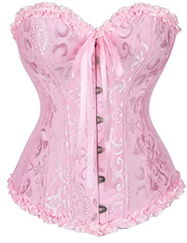Vrapo Top Corsé Rosa para Mujer - Corset Overbust Encaje Cintura Cincher Shapewear Lencería - Talla S