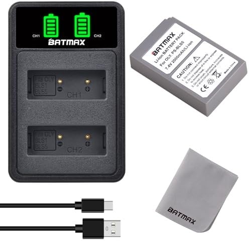 Batmax PS-BLS5 BLS-50 BLS-5 Battery and Battery Charger for Olympus E-M10 Mark II, OM-D E-M10 Mark IV, E-M10 Mark III S, E-M5 Mark III, PEN E-P7 E-PL2 E-PL3 E-PM1 E-PM2 E-M10 II, Stylus 1