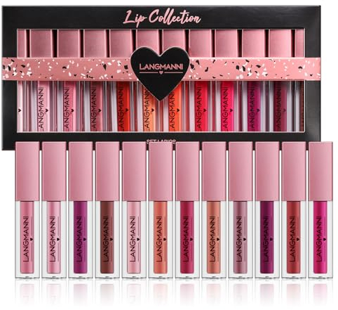 12PCS Lip Gloss Set, Hochpigmentierte, Samtig Schimmernde Lipglosse, Feuchtigkeitsspendend, Lang Anhaltend, Wasserfest, Nicht Klebend, Makeup Set für Frauen (A)