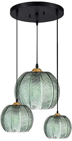 Pendentif en verre moderne à 3 lumières, vert, décoration de la maison, lumière citrouille, lampe suspendue nordique en verre nervuré, îlot de cuisine, câble boule, lustre côtier pour salle à manger,