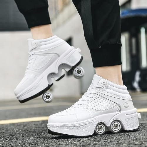 Rollschuhe für Kinder, verstellbare Rollerskates für Mädchen, Quad-Skates-Deformationstrainer für Erwachsene und Anfänger, Turnschuhe mit unsichtbarem Rad für Jungen (Weißes High-Top, EU 40)