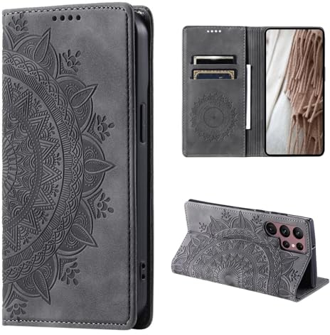 CoverKingz Handyhülle für Samsung Galaxy S24 Ultra - Handytasche mit Kartenfach Phone Case Cover - Handy Hülle klappbar Motiv Mandala Grau