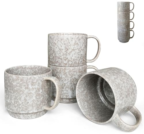 NIUKOMY Grandi Tazze Impilabili in Porcellana, Set di 4 Tazze da Caffè in Ceramica, Set Tazze da Tè con Manico 480ML, Tazze Fatte a Mano con Motivo a Granitoin per Colazione Latte, Grigio