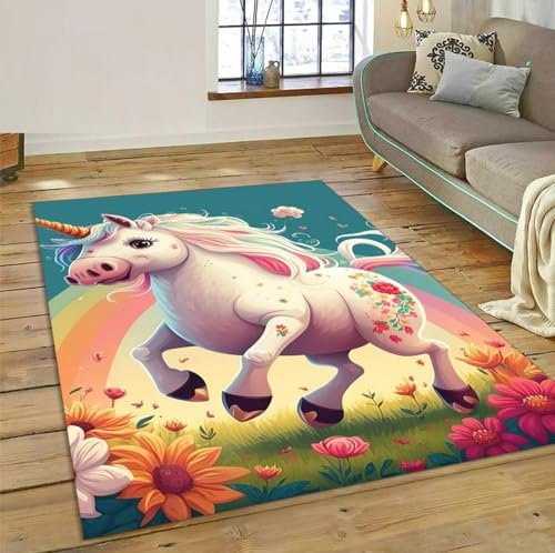 TSMMB Teppich Kinderzimmer Mädchen Rosa Regenbogen-Einhorn,Teppich Wohnzimmer Kurzflor Modern 100X150 Anti-Rutsch Waschbar Teppich Schlafzimmer Fußabtreter,G14