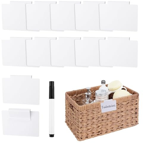 ktxaby 12 Stück Etikettenhalter Clip,PVC Korb Etiketten,Etikettenhalter Abnehmbare Clips Etiketten, Regaletikettenklammern mit schwarzem Marker für Lagerkörbe Etikettenhalter(Weiße)