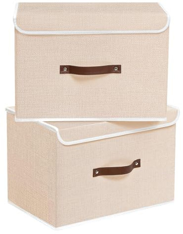 Yawinhe 2 Stück Kisten Aufbewahrung mit Deckel, Faltbare Stoffboxen, Waschbare, für Schlafzimmer, Kleideraufbewahrung, 33x23x20cm, Beige, SNK018BES-2