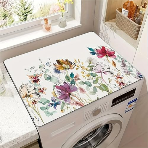 Morbuy Flowers Pattern Washer and Dryer Top Protector Mat, Anti Slip Washer Top Protector Quick Dry Washing Machine Top Cover Mat Absorbent Washer Top Cover Drainer Mat (50x60cm,Eucalyptus Leaves)