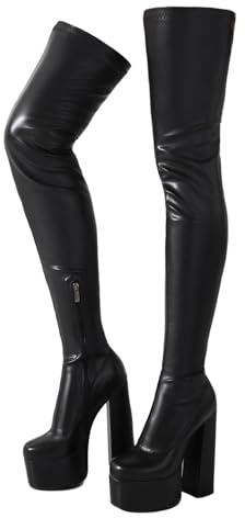 Roimaash Donna's Over-the-Stivali Al Ginocchio Thigh Tacco Alto Latex Stivali High Stivali Al Ginocchio Platform Stretch Botas Para Mujer Stivali Alti Stripper PU-Black Size 38