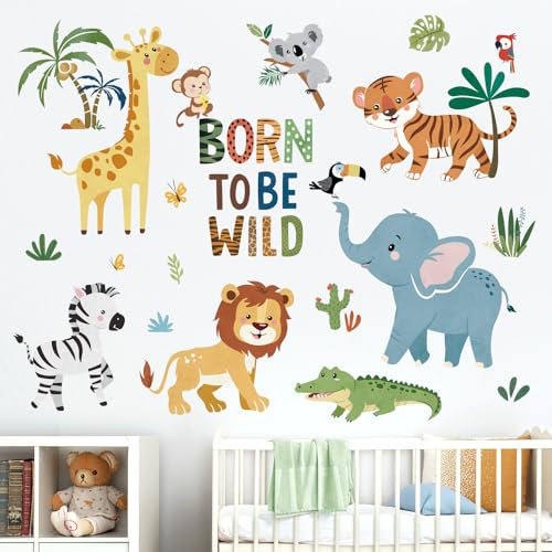 decalmile Safari Animal Wall Decals Elephant Lion Monkey Giraffe Jungle Animal Wall Stickers Baby Nursery Kids Room Wall Decor