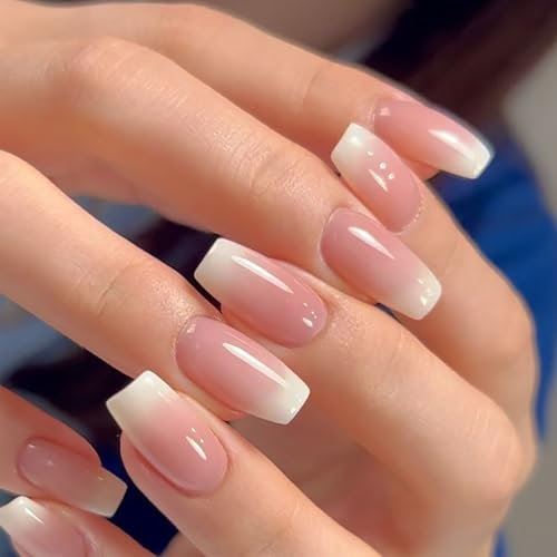 24Pcs False Nails,UHOMENY Square False Nails Short Long Fake Nails Acrylic Stick on Nails for Women Girls Nail Art Press on Nails with manicure kit (Light Pink Gradient White, 12 size)