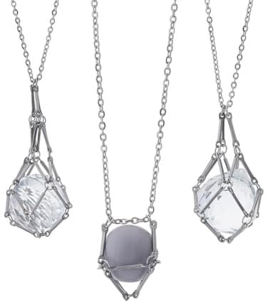 SUPERFINDINGS 9Pcs 3 Sizes Silver Crystal Holder Necklace Natural Gemstone Crystal Stone Holder Pendant Necklace Adjustable Empty Stone Holder Necklace Cage for DIY Making