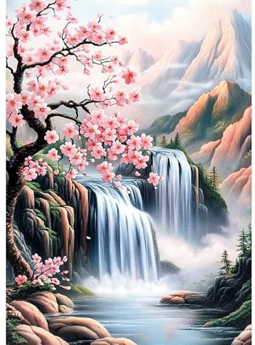 KEYIFA 5D Diamond Painting Zubehör, Wasserfall und Blumen Crystal Art Foto Bastelset Diamond Painting Erwachsene, DIY Vollbohrer Bilder Diamond Painting Set, Home Wand Dekor 30x40cm