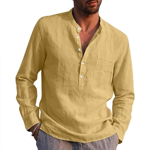 Rodawu Mens Linen Shirts Long Sleeve Casual Cotton Summer Henley Yellow XL
