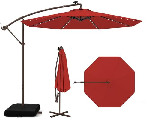 COSTWAY Parasol Déporté 3 x 3M, Grand Parasol de Jardin Extérieur Lumineux Solaire avec 2 Sacs de Sable, Base Croisée, Parasol Inclinable avec Manivelle, pour Balcon Jardin Terrasse Plage (Rouge)