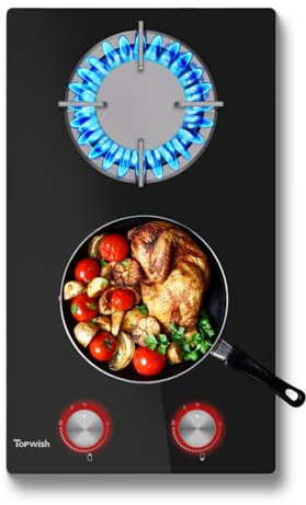 TOPWISH Gaskochfeld 2 Flammig, Gaskochfeld mit rote beleuchteter Drehknopf, Eingebau Gaskocher mit Gusseisernen Stützen, NG/LPG Konvertierbar, Automatischer Thermoelementschutz, 4750 Watt