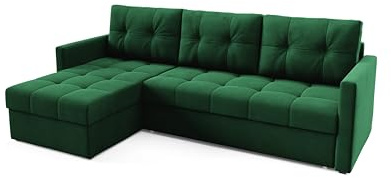 Sofello Ecksofa mit Schlaffunktion Samt mit Bettzeugaufbewahrung gestepptes Ecke Universelles Ecke mit Schlaffunktion IVIO (Manila 35 - grün)