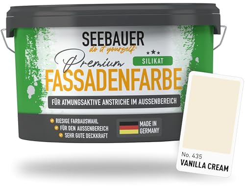SEEBAUER diy Silikat-Fassadenfarbe Beige 2,5L für Außen (No. 435 Vanilla Cream) Atmungsaktive Mineralfarbe für Fassaden - Geeignet für Putz, Mauerwerk und Beton