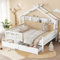 SOFTWEARY Hausbett mit Lattenrost, Zaun, Rausfallschutz, Regal und Schubladen, Kinderbett, Jugendbett, Kiefer, 140x200cm
