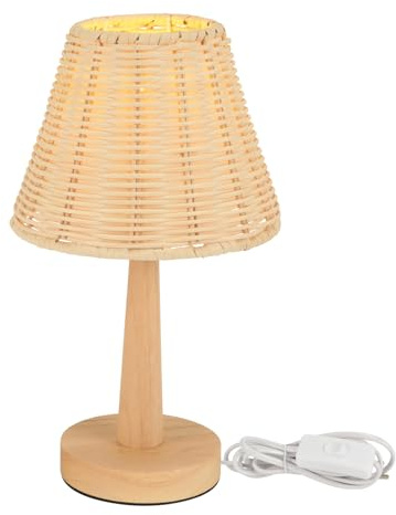 LIGKIN Vintage-Tischlampe mit handgeflochtenem Bambuslampenschirm Tischleuchte E27 Nachttischlampe aus Holz mit Lichtschalter für Schlafzimmer, Wohnzimmer und zum Lesen
