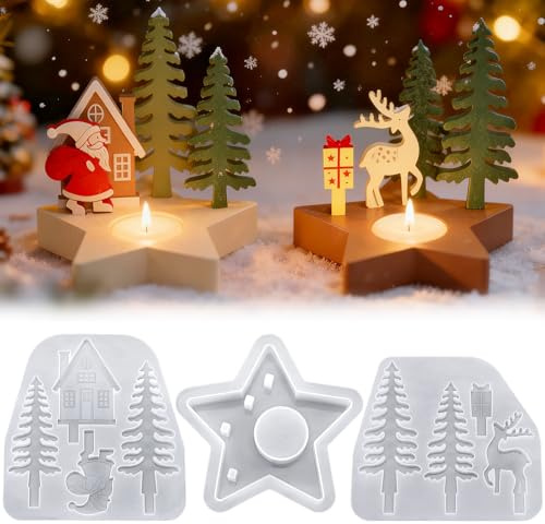 3 Pezzi Stampi in Silicone per Natale, Stampi in Silicone a Forma di Casa, Albero e Stella, Portacandele Natalizio, stampi in silicone per Resina, Gesso e Fai-da-Te