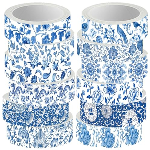 PRESSINART 12 Rollen Blaues Blüten Dekoratives Tape Chinoiserie Washi Tape 0,6 Zoll Vintage Blüten Muster Dekoratives Klebeband Bastelrollen Für Scrapbook Journal DIY Kunst Projekte Geschenke