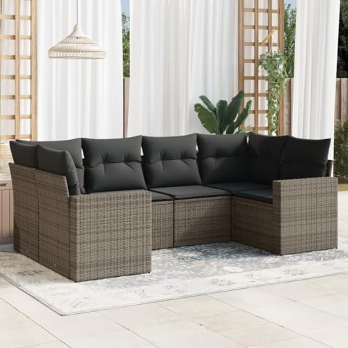 SooIarix 6-Piece Garden Sofa Set with Cushions, Grey Poly Rattan Outdoor Furniture, UV-Resistant Patio Lounge Seating with Storage, Weatherproof