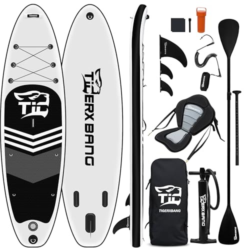 TIGERXBANG Stand Up Paddle Board aufblasbar für Erwachsene und Jugendliche, 320×82×15 cm Allround SUP mit Kajaksitz, verstellbarem Doppelpaddel, Sicherheitsleine und Rucksack